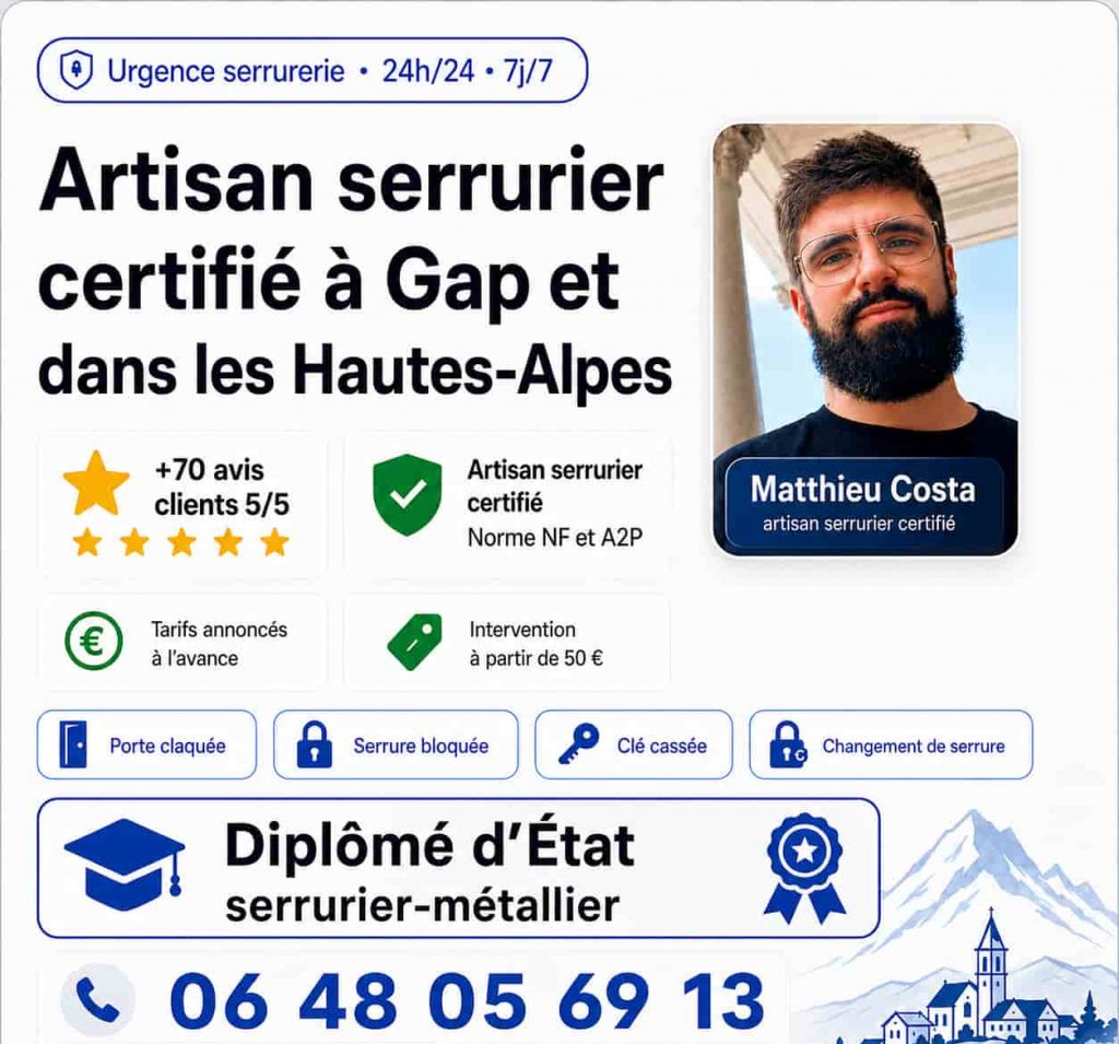 Photo de Matthieu Costa, serrurier diplômé d'État. Zone d'intervention 50km autour de Gap, dans les Hautes-Alpes.