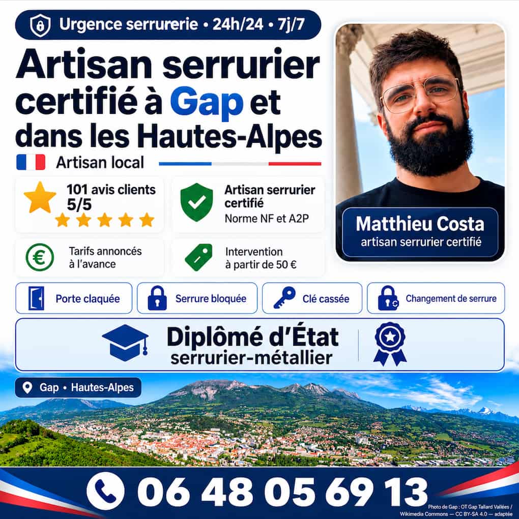 Photo de Matthieu Costa, serrurier diplômé d'État. Zone d'intervention 50km autour de Gap, dans les Hautes-Alpes.