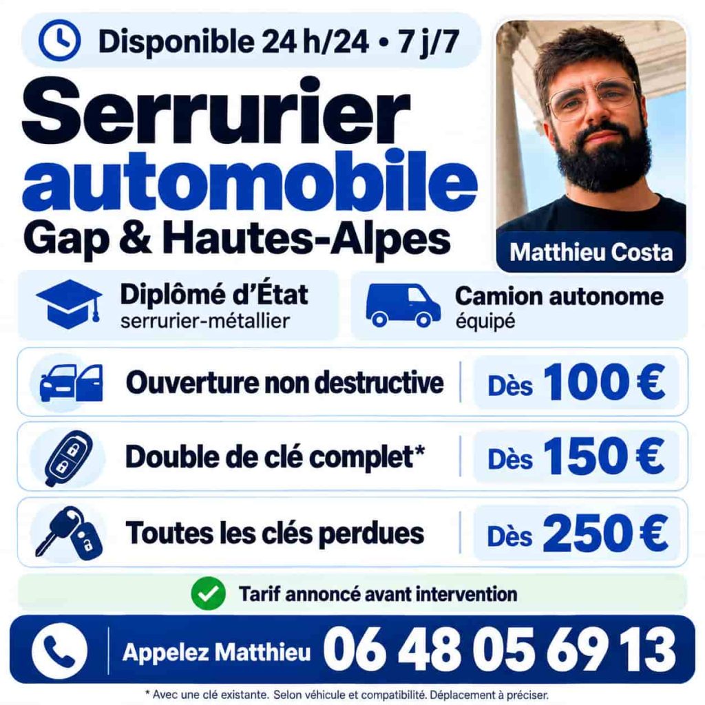 Matthieu Costa serrurier automobile à Gap et dans les Hautes-Alpes